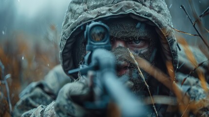 A soldier in camouflage gear with a hood and a facemask aims a rifle through dense foliage in a foggy, outdoor setting, conveying a sense of stealth and alertness in potentially hostile conditions
