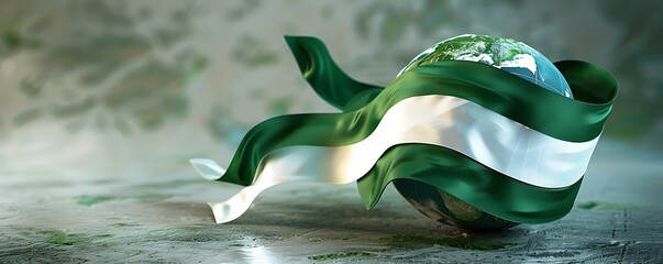 3D logo with a green and white ribbon wrapping around a globe, symbolizing Pakistan's place in the world on Independence Day.