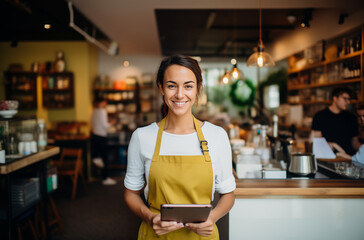 A cheerful barista wearing a yellow apron, holding a tablet in a warm and inviting cafe, ready to serve customers