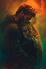 Man kissing young blond woman head. Hugging. YA paranormal fantasy concept. Darkness with color burst. Mist, smoke, fog. Couple in love. Glowing light. Surreal epic fantasy dystopian love. 