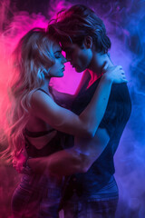 Naklejka premium Long wavy blond haired woman with sensual muscular man. YA paranormal fantasy concept. Darkness with color burst. Mist, smoke, fog. Couple in love. Glowing light. Surreal epic fantasy dystopian love. 