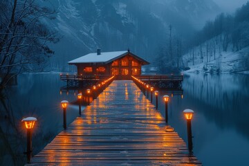 Fototapeta premium A serene lakeside cabin illuminated by warm orange lights, with a snowy landscape in the background, showcasing the calm and peaceful atmosphere of winter evenings.