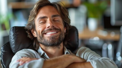 Obraz premium A cheerful man with a beard, wearing a grey shirt, happily leaning back and relaxing in an office chair with a serene background environment
