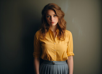 A poised woman standing against a muted background, wearing a yellow shirt and grey skirt, conveying elegance and modern style