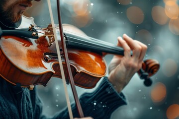 Fototapeta premium A person intricately playing a violin outdoors, showcasing exquisite craftsmanship and the dedication required for mastering this musical instrument