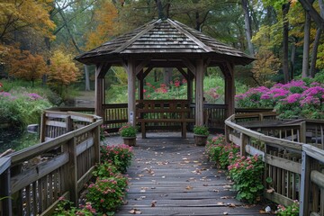 Fototapeta premium Tranquil wooden gazebo surrounded by lush green trees and vibrant blooming flowers in a serene garden during early autumn at a peaceful park