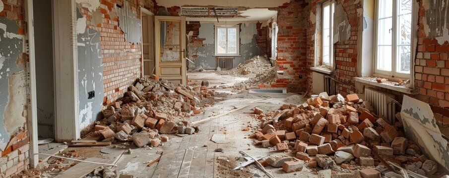A long-abandoned, partially demolished brick building interior showcasing debris, exposed walls, scattered bricks, and signs of structural decay under natural light from large windows
