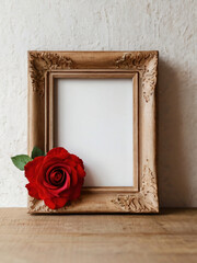 A vintage wooden frame adorned with red roses and heart-shaped cutouts, evoking a romantic atmosphere.