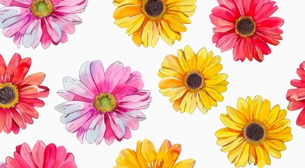 Buds of colored gerberas evenly spreaded on white background, watercolor floral pattern design.