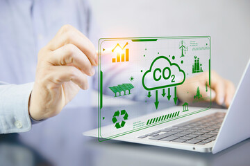 Carbon credit market and net zero exchange trading concept . carbon footprint to limit global...
