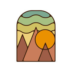 Outdoor adventure badge. Camping adventure label in retro style. Mountain logo graphics for t-shirt. Stock vector unique artwork