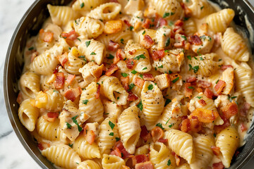 Creamy Chicken and Bacon Pasta Shells in a Skillet, A Delicious and Easy Meal
