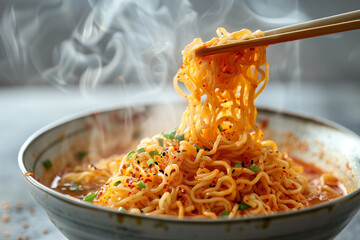 Aromatic Steam Rises From A Bowl Of Spicy Noodles As Chopsticks Lift A Single Strand
