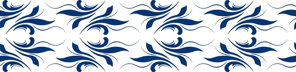 Blue leaves on white background. Folk floral border vector illustration. Ethnic paisley horizontal ornament. Vintage floral design element. Fantasy geometric shapes for decor clothes, home, etc.
