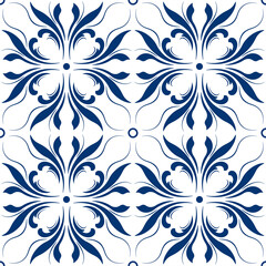 Vintage floral seamless pattern. Blue leaves on white background. Folk floral ornament vector illustration. Mosaic diagonal tile. Fantasy geometric shapes for decor clothes, home, etc.