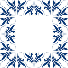 Blue leaves on white background. Folk floral frame vector illustration. Ethnic paisley square ornament. Vintage floral design element. Fantasy geometric shapes for decor clothes, home, etc.