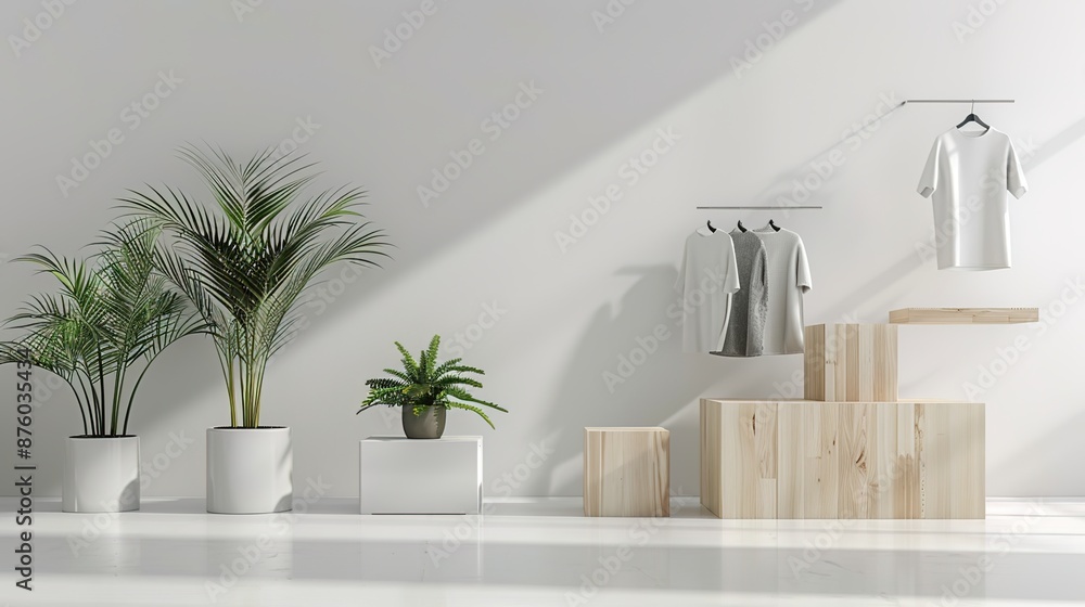 Poster elegant merchandise display on raised platforms with simple backdrop