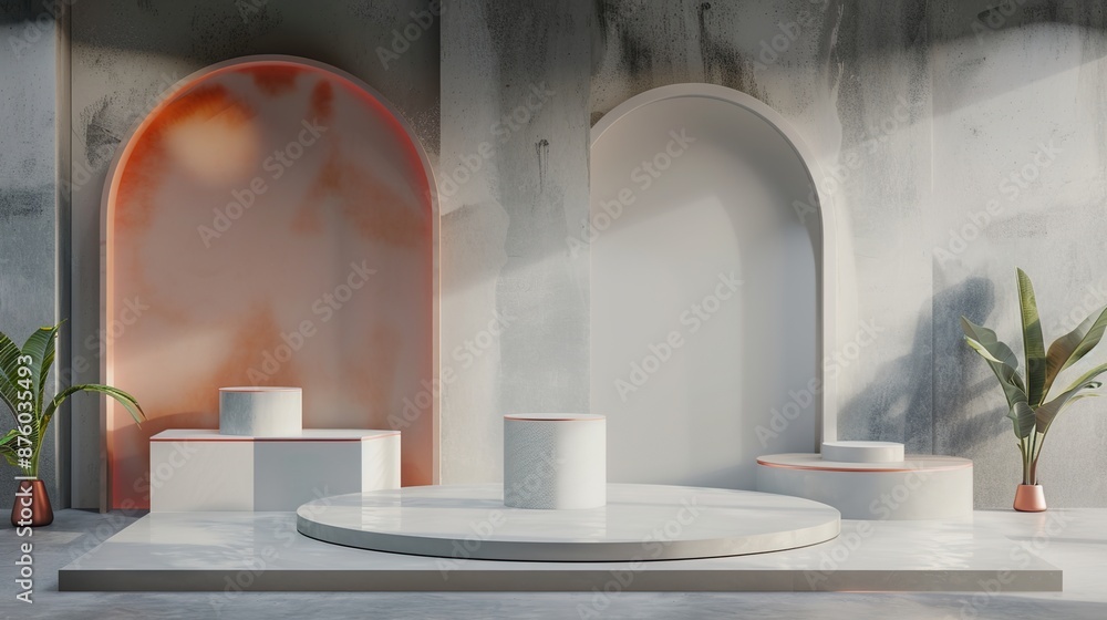 Poster modern presentation setup with empty podiums for product showcasing