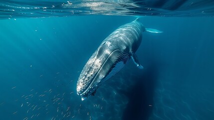Naklejka premium Blue Whale in the Ocean- A blue whale glides gracefully through the deep blue waters of the open ocean