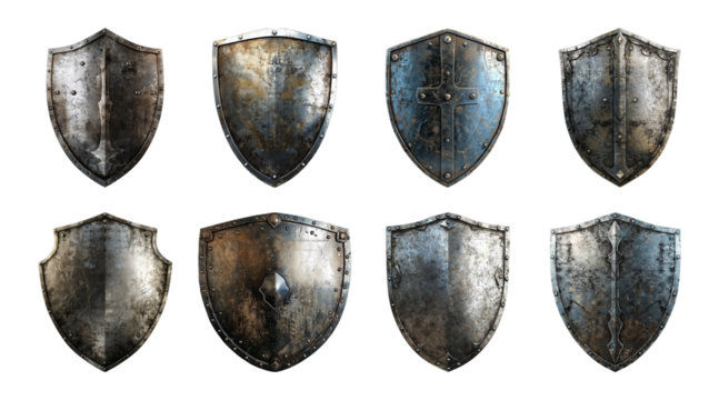 Collection of metal shield, defense protection shield isolated on a transparent background, cut out, PNG