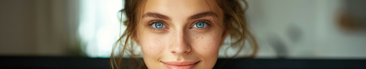 Obraz premium Woman With Blue Eyes Smiling Close Up