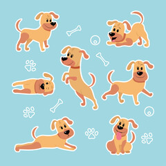Collection of stickers of one cartoon dog in different movements
