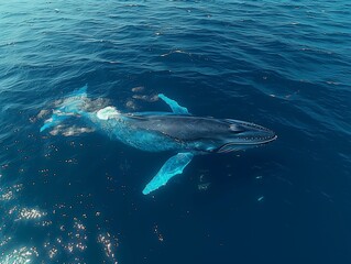Fototapeta premium Blue Whale in the Ocean- A blue whale glides gracefully through the deep blue waters of the open ocean