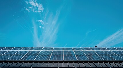 Fototapeta premium Sustainable Investment: Solar Panels on Rooftop with Clear Blue Sky Background Demonstrating Financial Benefits of Green Energy