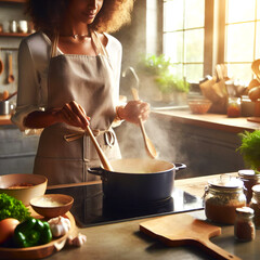 woman cooking in the kitchen, a woman stirs a dish in a pan standing on the stove, there are many ingredients of vegetables and kitchen utensils around, close-up selective focus