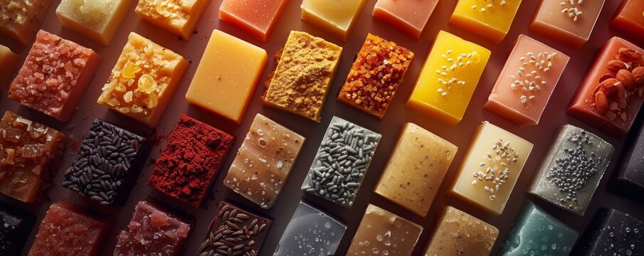 A colorful and diverse array of artisanal soap bars each decorated with various natural ingredients and arranged in a grid pattern