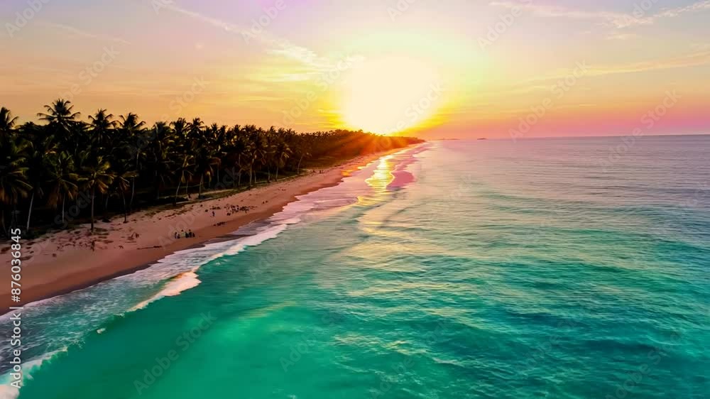 Aufkleber sunset beach scene with palm trees generative ai