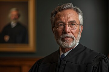 Obraz premium Portrait of an elderly man with glasses and a beard, wearing a judge's robe, standing in a formal setting with a somber expression, and a blurred portrait visible in the background