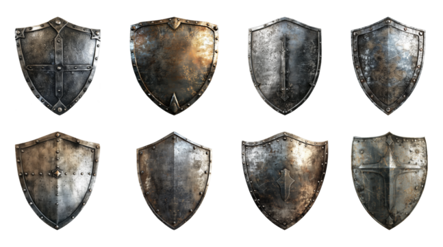 Collection of metal shield, defense protection shield isolated on a transparent background, cut out, PNG