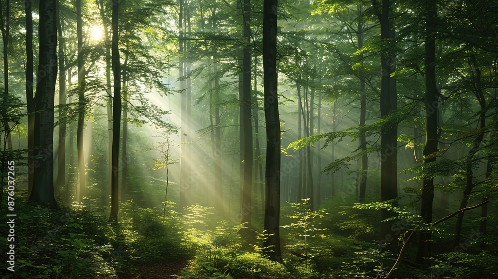 Poster Serene Dawn in the Misty Forest - A Tranquil and Ethereal Landscape with Sunlight Filtering Through Trees