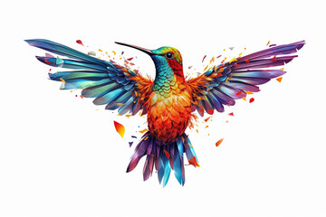 Obraz premium A colorful hummingbird is flying in the air with its wings spread wide.