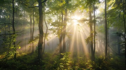 Fototapeta premium Serene Dawn in Enchanted Forest - Sunlight Filtering Through Misty Trees in Tranquil Nature Scene