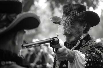 A dramatic black-and-white photograph capturing an intense standoff between two individuals dressed in elaborate historical attire, with one pointing a smoking revolver at the other