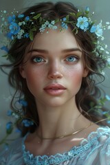 Naklejka premium Woman With Flowers in Hair Painting
