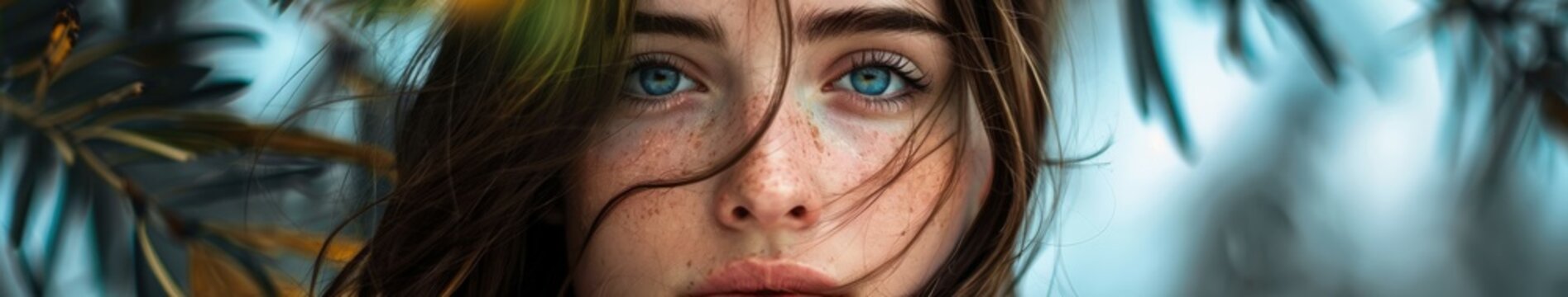 Woman With Blue Eyes Looking Through Leaves