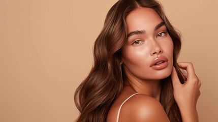 Obraz premium Portrait of beautiful woman with long hairs on beige background. 