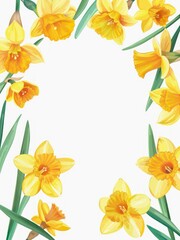 Fototapeta premium Floral frame of yellow narcissus flowers on white background. Summer greeting design, beautiful daffodil flowers on white background with copy space.