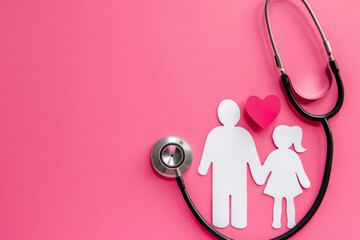 The concept of family health with a paper-cut silhouette of a family, a heart and a stethoscope on a pink background