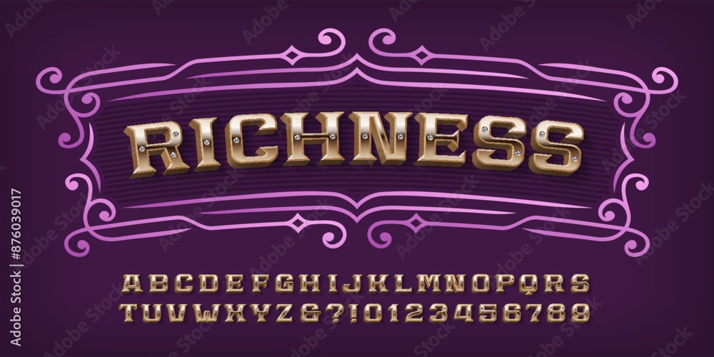 Poster richness alphabet font. 3d golden letters and numbers with diamond inlays. stock vector typeface for
