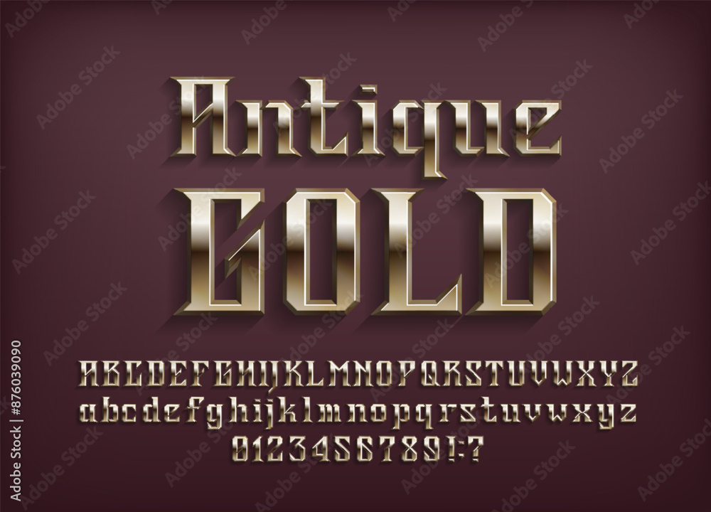 Aufkleber antique gold alphabet font. 3d letters and numbers. uppercase and lowercase. stock vector typeface f