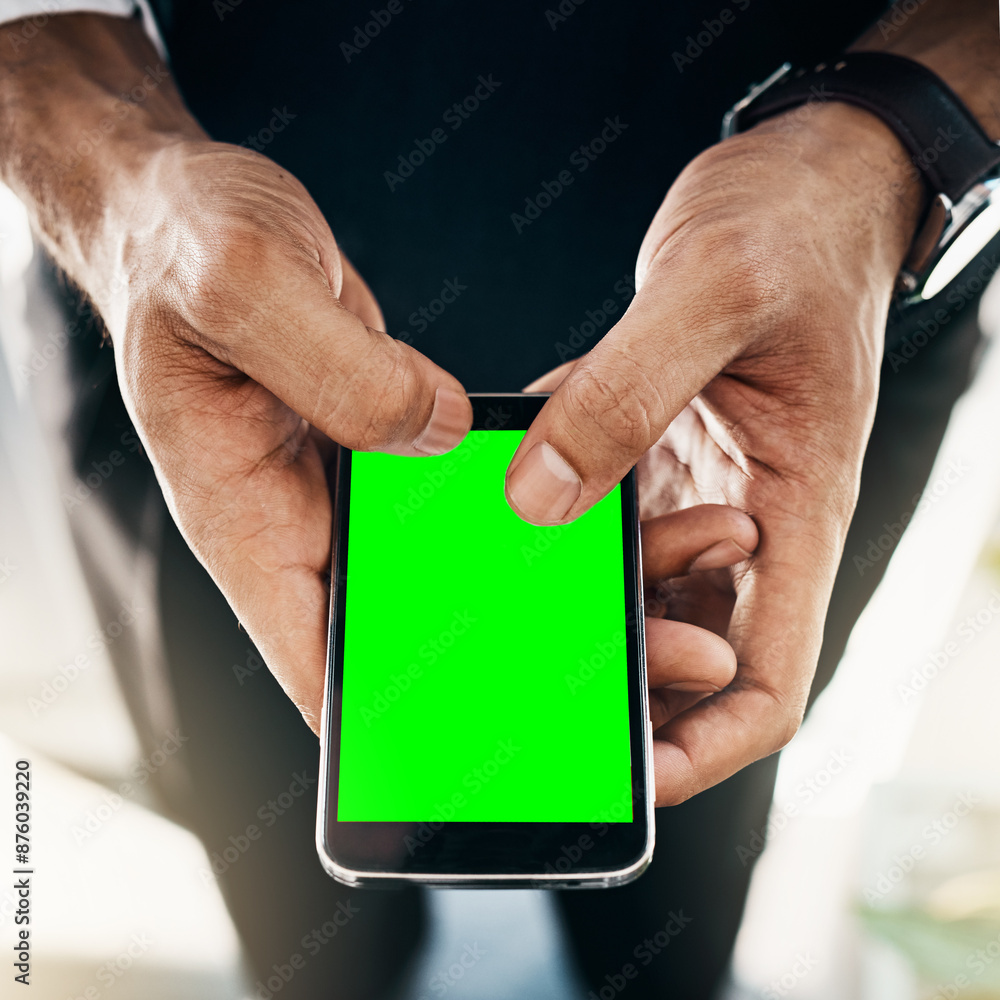 Poster green screen, hands and typing with cellphone, display and pre approved loan for small business, ema