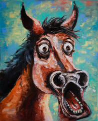 Oil portrait of a frightened horse with big bulging eyes © Yurii