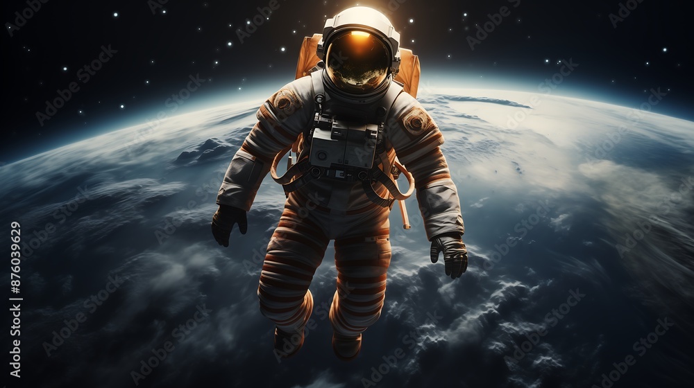 Wall mural astronaut drifting through space with earth in background view ai generated