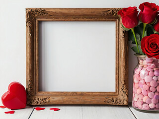 A vintage wooden frame adorned with red roses and heart-shaped cutouts, evoking a romantic atmosphere.