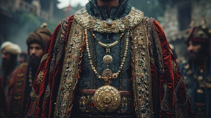 Fototapeta premium A detailed image capturing the intricate designs and cultural richness of traditional garments worn by a group of people in an ancient setting