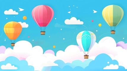 A cartoon illustration of hot air balloons floating in a blue sky with white clouds.